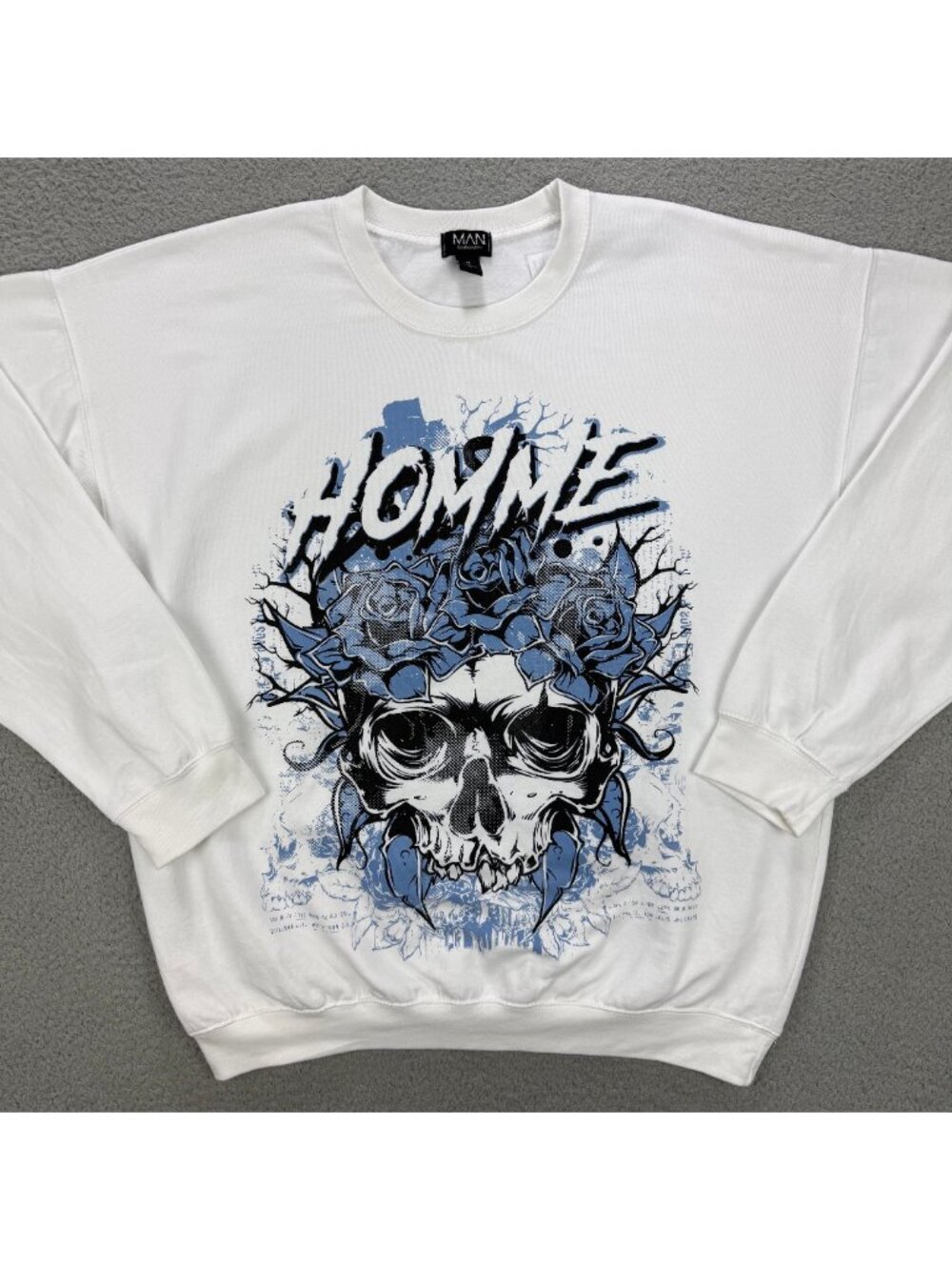 BooHoo Man Sweatshirt Mens Medium White Blue Homme Skull Roses Sweater BooHooMan